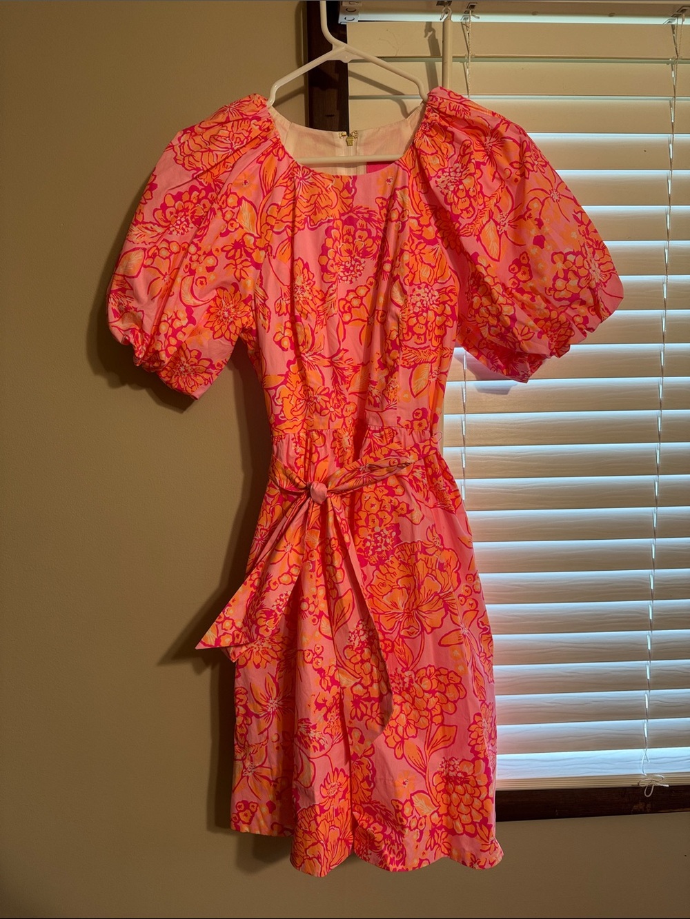 Vibrant Pink & Orange Floral Puff Sleeve Dress